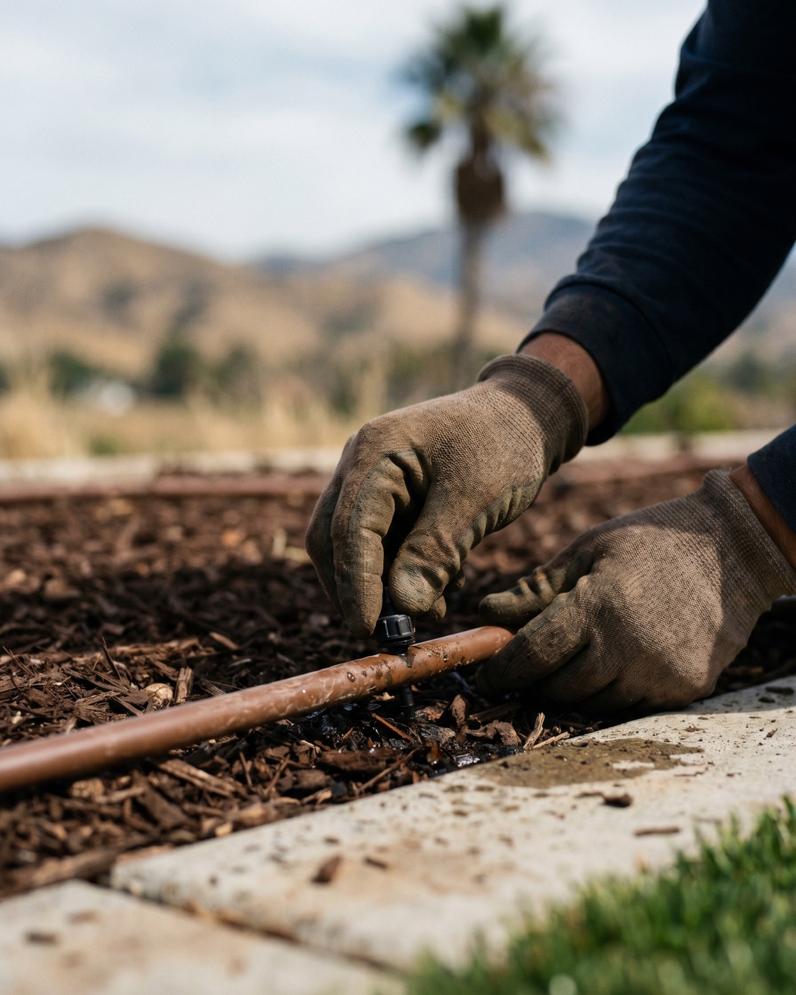 ManageMowed technician inspecting a drip irrigation line in a dark mulch bed at a Rancho Cucamonga commercial property with the San Gabriel foothills in the background