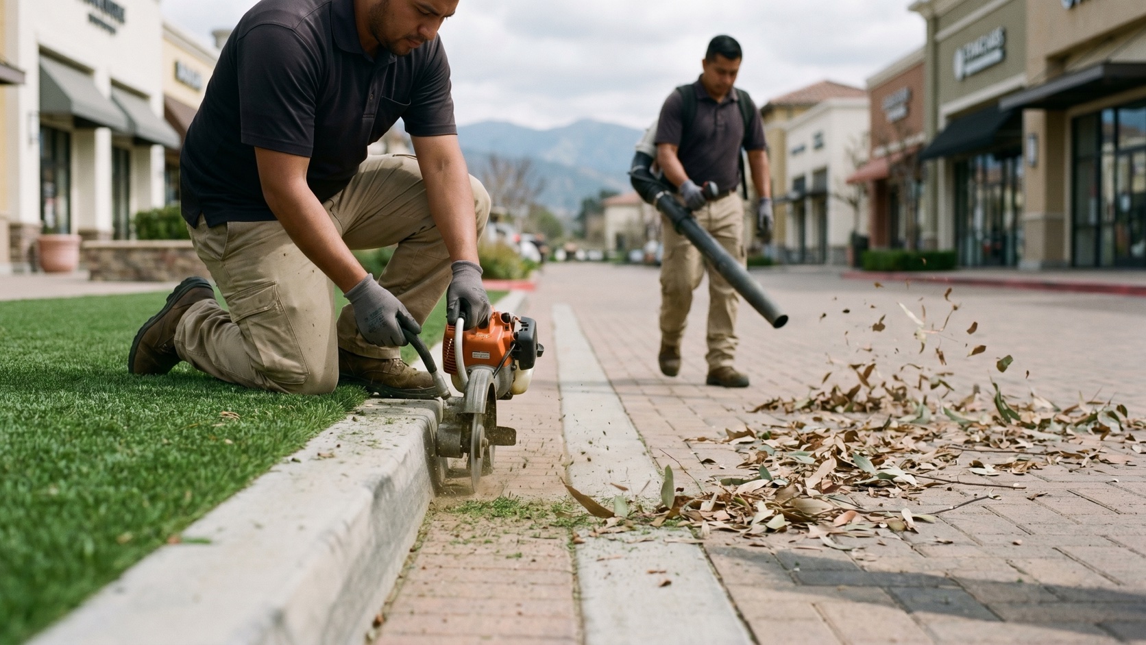 ManageMowed crew edging turf and clearing wind-blown debris at a Rancho Cucamonga retail center after a Santa Ana wind event